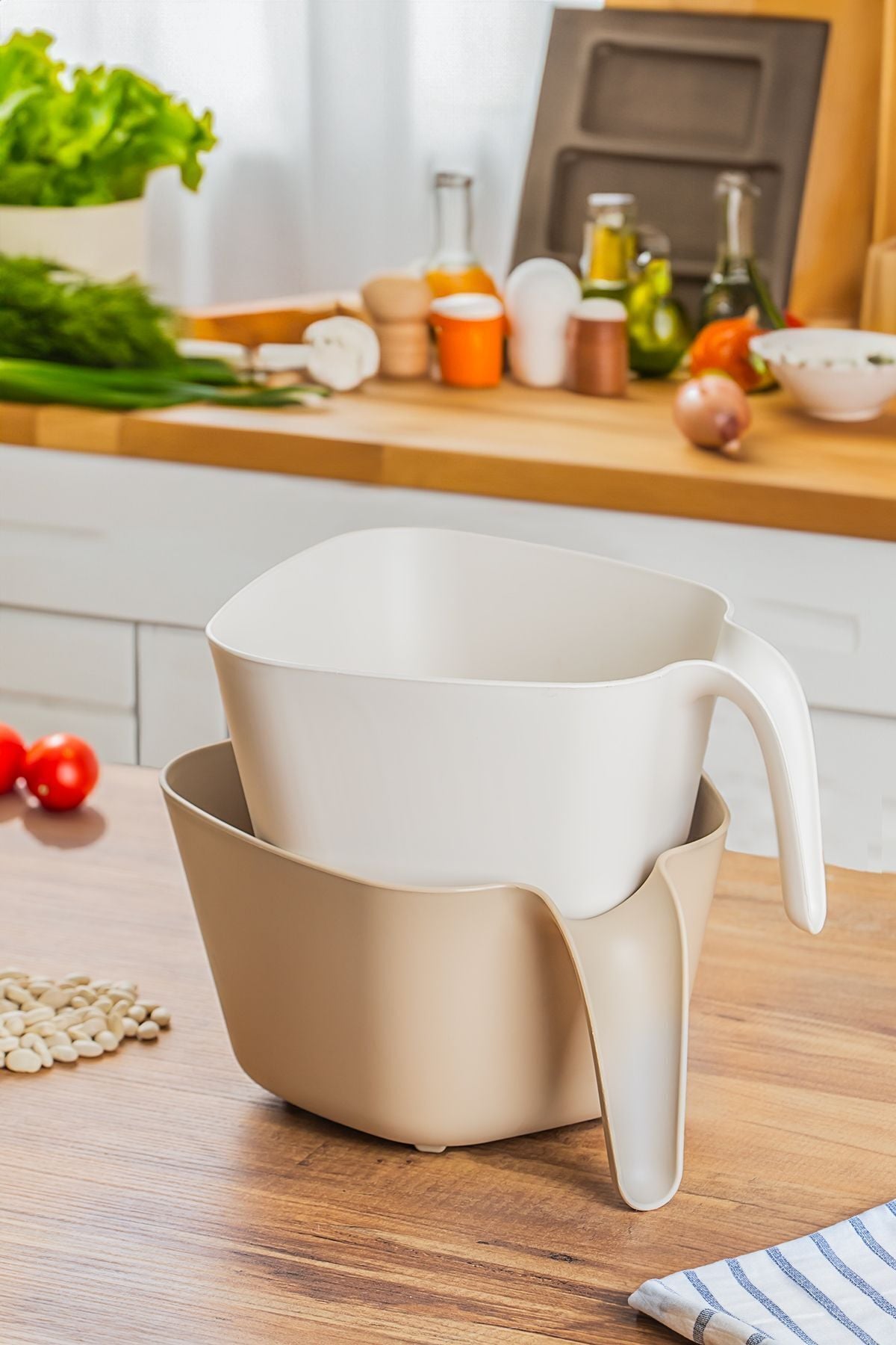 Porsima G-576 2 Parça Plastik Süzgeç Çok Amaçlı Makarna Meyve Sebze Pirinç Yıkama Süzgeci Bej Beyaz