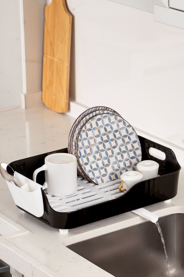 Porsima AKL-060 Lüks Tabaklık Bulaşıklık-Yönlendirilebilir Su Akıtma Kanallı Bulaşık Sepeti Siyah