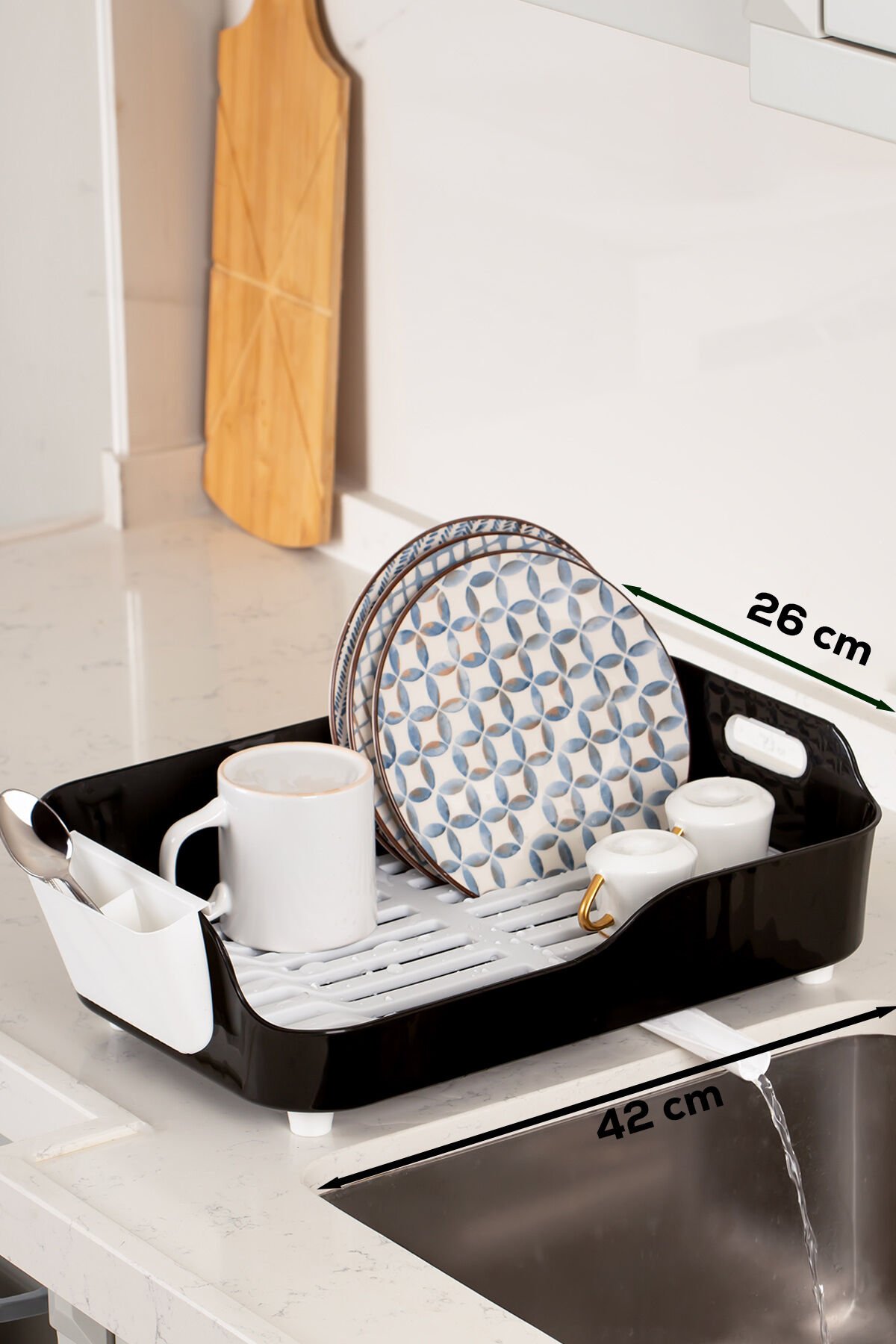 Porsima AKL-060 Lüks Tabaklık Bulaşıklık-Yönlendirilebilir Su Akıtma Kanallı Bulaşık Sepeti Siyah