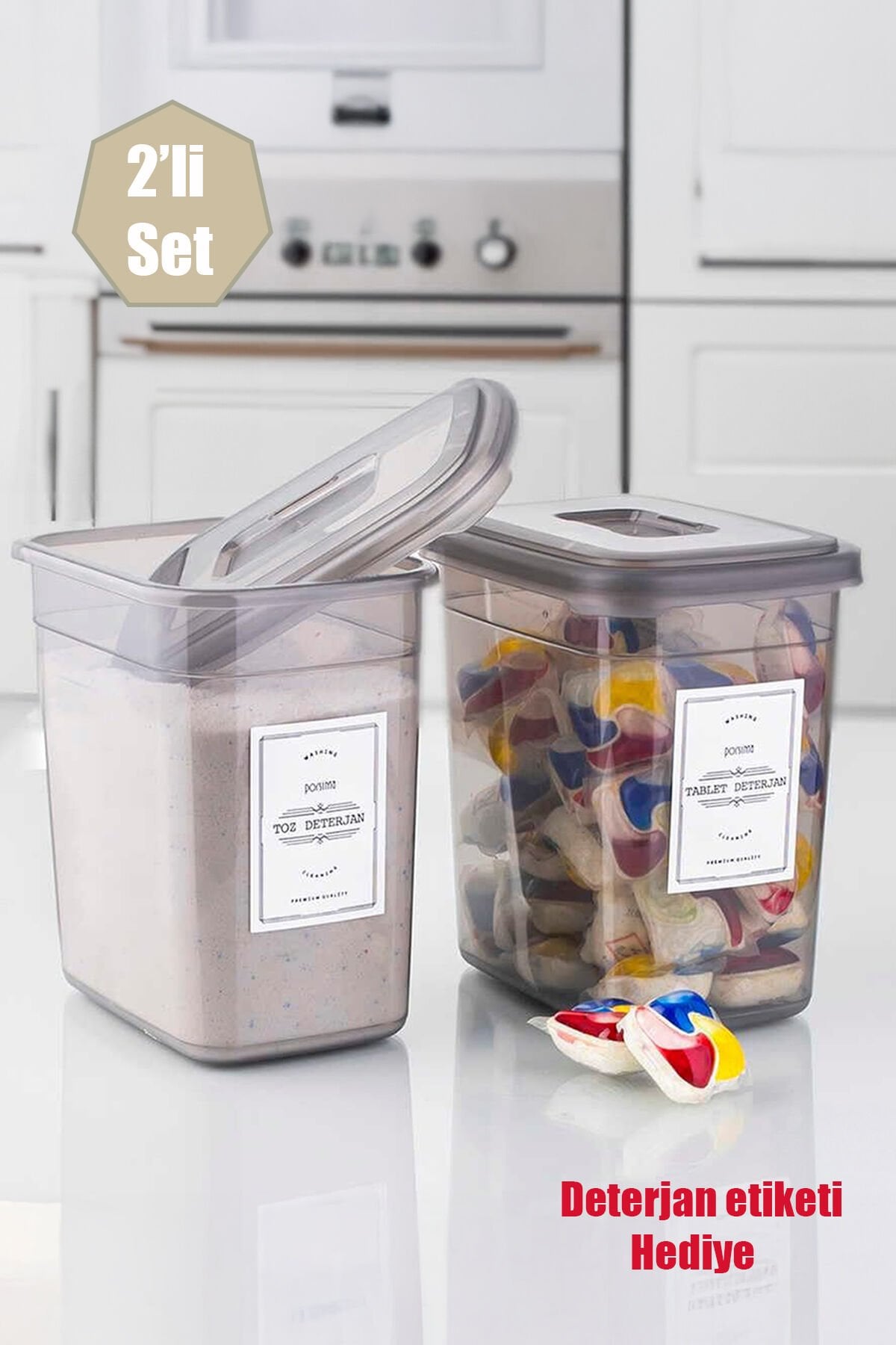 Porsima TE-148 Etiketli 2 Li Çok Amaçlı Toz Ve Tablet Deterjan Saklama Kutusu Kabı Seti 2.1 Lt