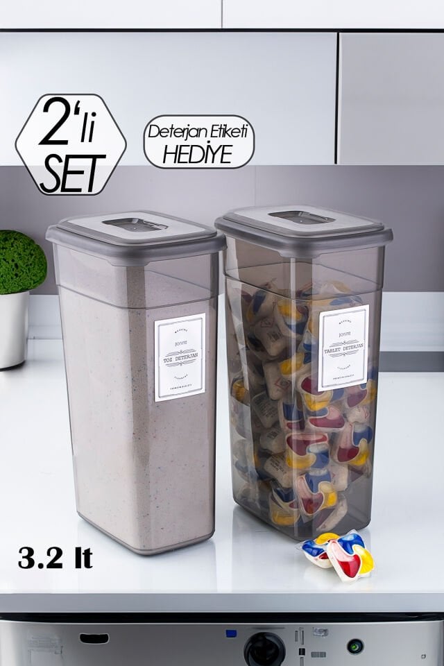 Porsima TE-149 Etiketli 2li Çok Amaçlı Toz Ve Tablet Deterjan Saklama Kabı Kutusu Seti 3,2 Lt