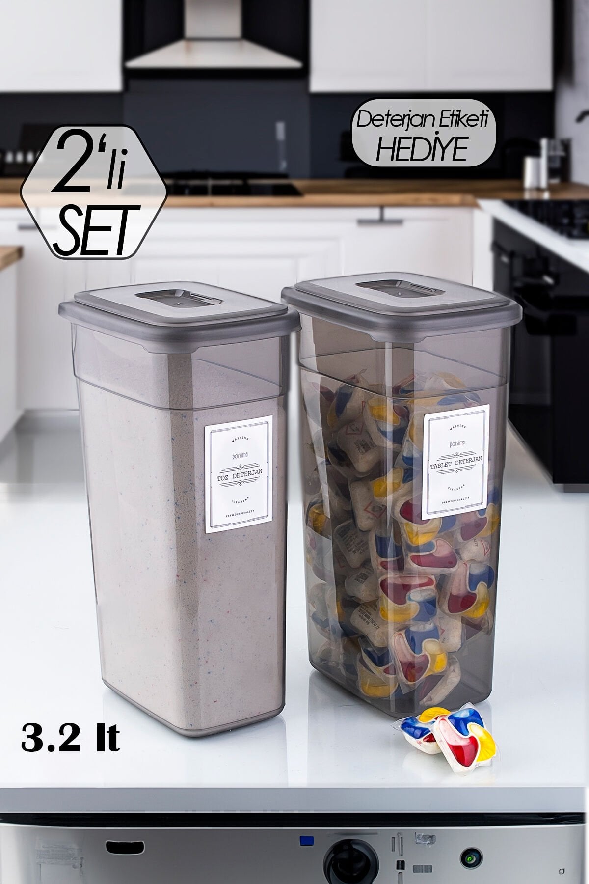 Porsima TE-149 Etiketli 2li Çok Amaçlı Toz Ve Tablet Deterjan Saklama Kabı Kutusu Seti 3,2 Lt