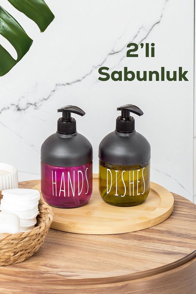 Porsima C-527 2'li Cool Sıvı Sabunluk Seti - Mutfak-Banyo Tezgah Üstü Temizlik Seti - Antrasit Cam 425 ml Antrasit