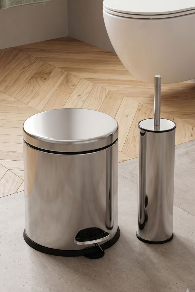 Porsima Metal Krom Kaplama 4 Parça Banyo Seti - Çöp Kovası, Sıvı Sabunluk, Diş Fırçalığı ve Wc Fırçası