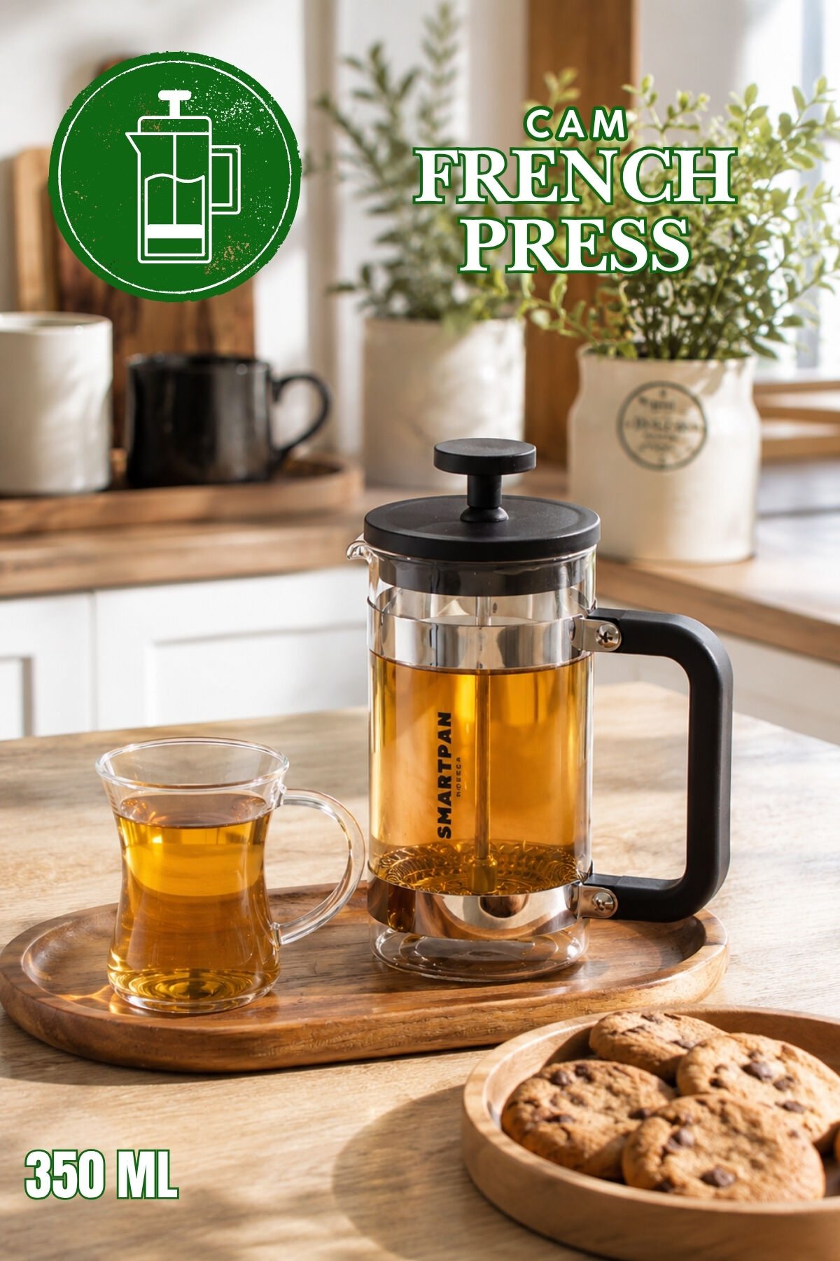 Porsima Smartpan BV008 French Press Paslanmaz Çelik Süzgeçli Cam Bitki Çayı Demliği Kahve Presi - 350 Ml