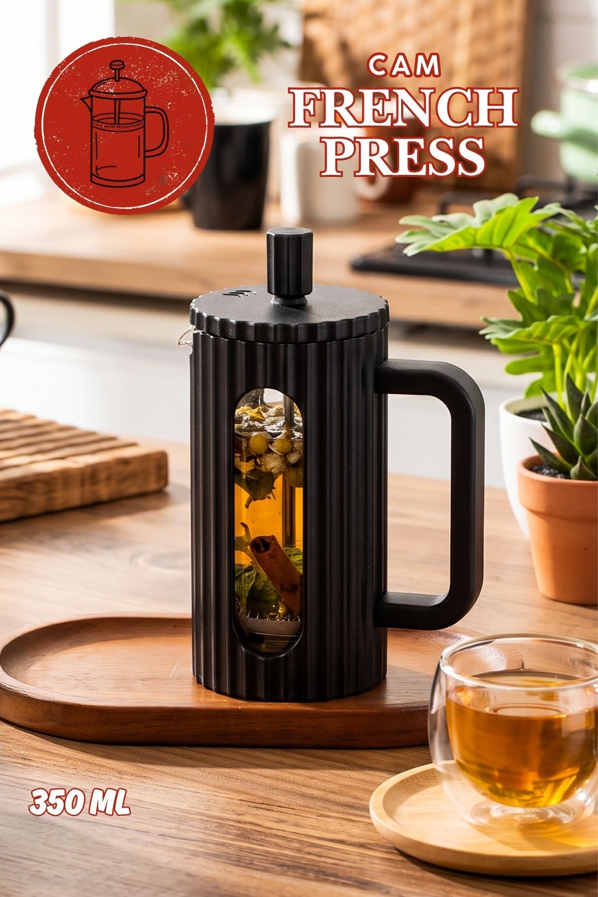 Porsima Smartpan BV093 French Press Paslanmaz Çelik Süzgeçli Cam Bitki Çayı Demliği Kahve Presi - 350 Ml