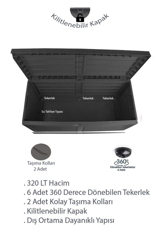 Porsima 320 LT Tekerlekli Kilitli Bahçe Depolama Sandığı Siyah