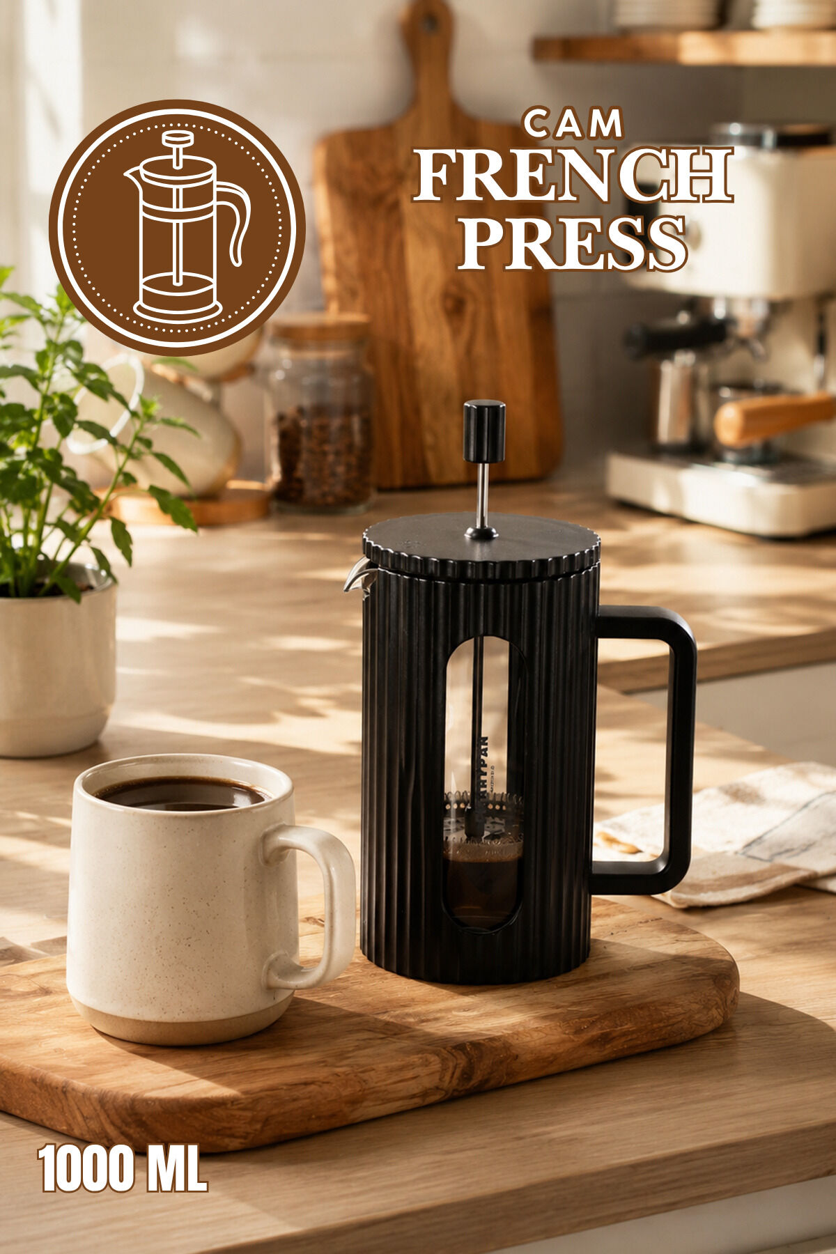 Porsima Smartpan BV093 French Press Paslanmaz Çelik Süzgeçli Cam Bitki Çayı Demliği Kahve Presi - 1000 Ml