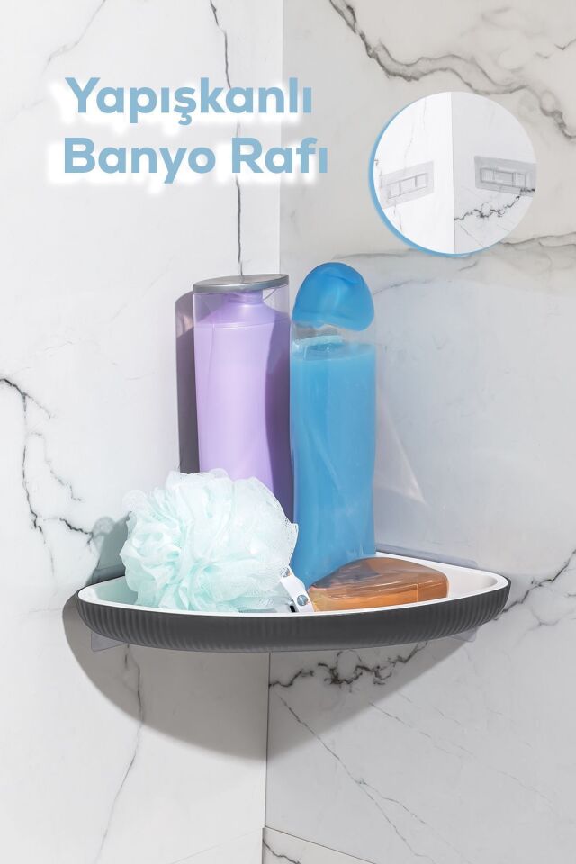 Porsima Yapışkanlı Banyo Köşeliği Rafı-banyo Düzenleyici Askılığı-duvar Duş Rafı Banyo Köşe Şampuanlık Antrasit