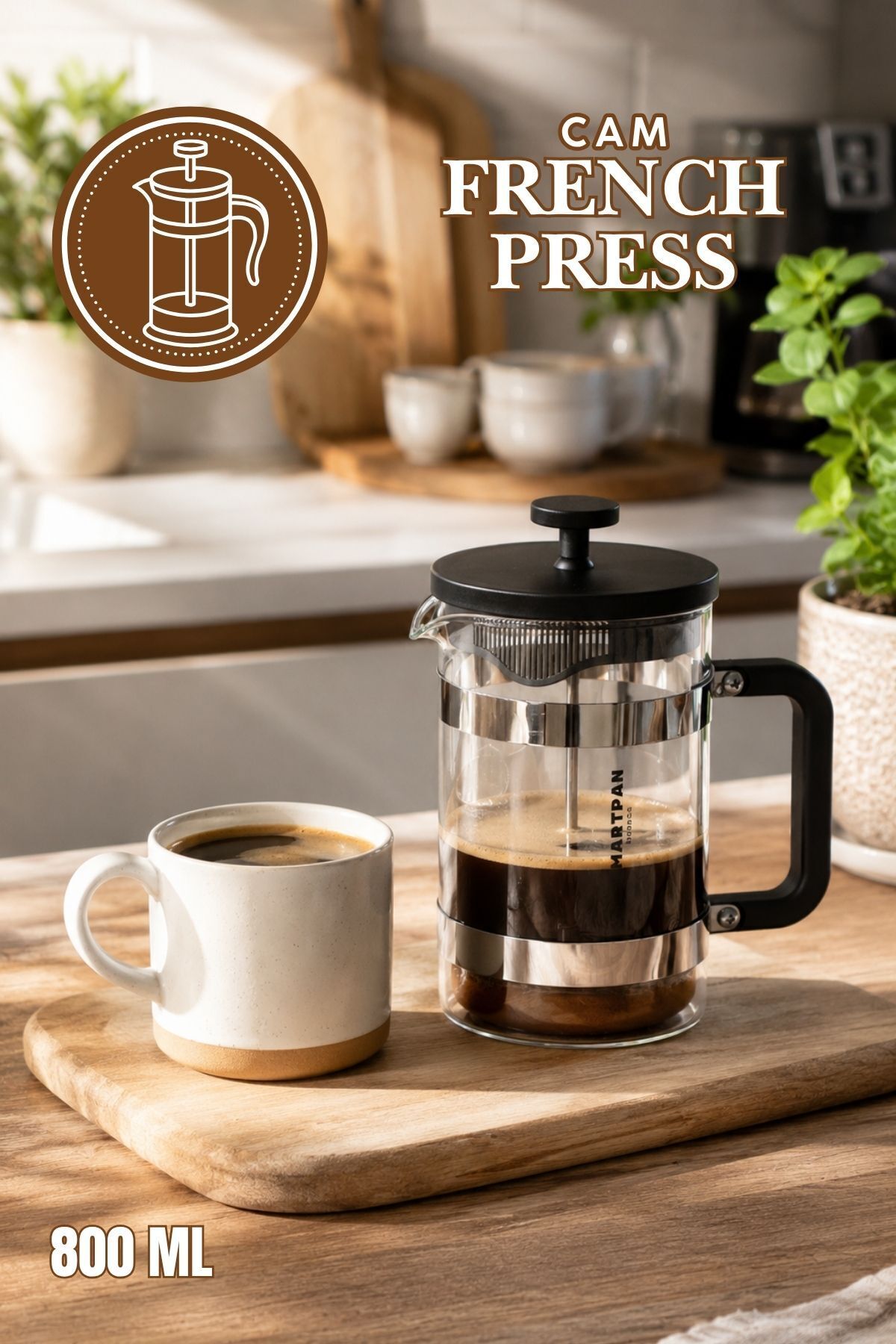 Porsima Smartpan BV008 French Press Paslanmaz Çelik Süzgeçli Cam Bitki Çayı Demliği Kahve Presi - 800 Ml