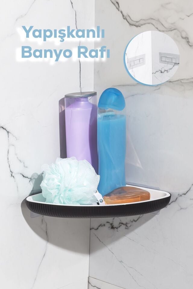 Porsima Yapışkanlı Banyo Köşeliği Rafı-banyo Düzenleyici Askılığı-duvar Duş Rafı Banyo Köşe Şampuanlık Siyah