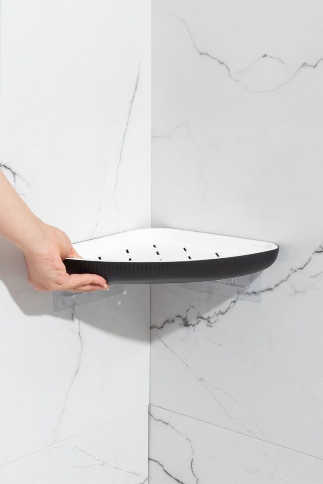 Porsima Yapışkanlı Banyo Köşeliği Rafı-banyo Düzenleyici Askılığı-duvar Duş Rafı Banyo Köşe Şampuanlık Siyah