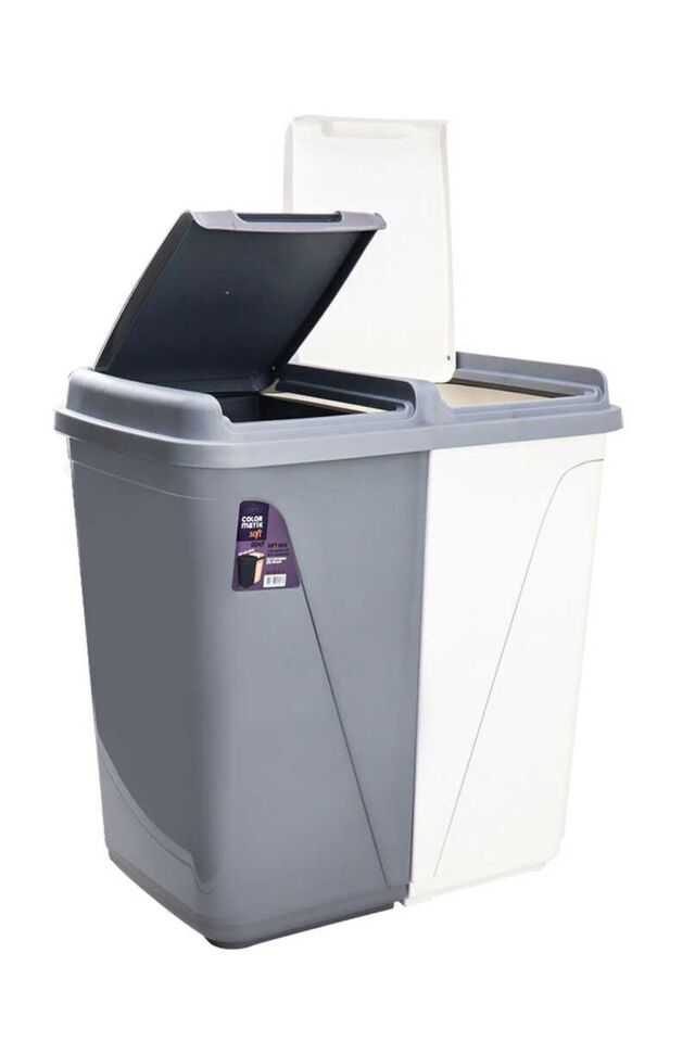 Porsima 90 Litre Çift Gözlü Çamaşır Sepeti İki Bölmeli Kirli Çamaşır Sepeti Gri-Beyaz