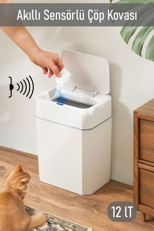 Porsima 4147 Hareket Sensörlü Sessiz Kapatma Çöp Kutusu Banyo Mutfak Çöp Kovası Kapaklı Banyo Çöp Kovası 2 adet AA Pil 12LT