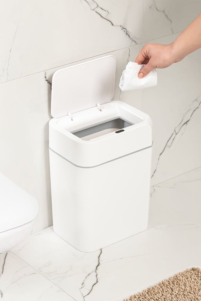 Porsima 4147 Hareket Sensörlü Sessiz Kapatma Çöp Kutusu Banyo Mutfak Çöp Kovası Kapaklı Banyo Çöp Kovası 2 adet AA Pil 12LT