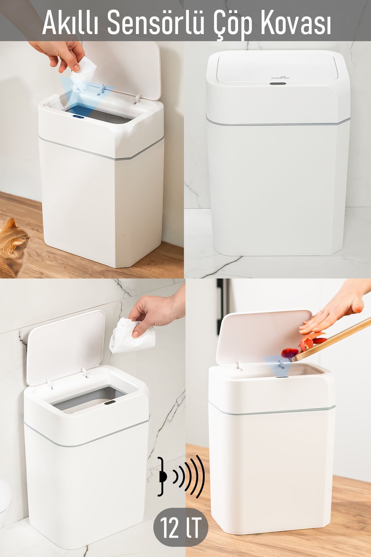Porsima 4147 Hareket Sensörlü Sessiz Kapatma Çöp Kutusu Banyo Mutfak Çöp Kovası Kapaklı Banyo Çöp Kovası 2 adet AA Pil 12LT