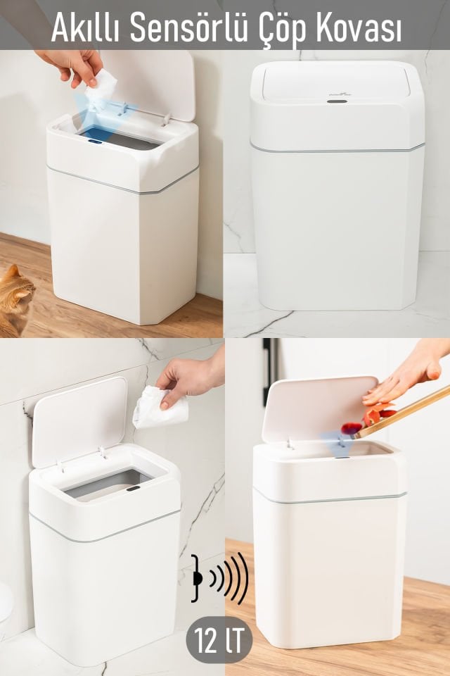 Porsima 4147 Hareket Sensörlü Sessiz Kapatma Çöp Kutusu Banyo Mutfak Çöp Kovası Kapaklı Banyo Çöp Kovası 2 adet AA Pil 12LT