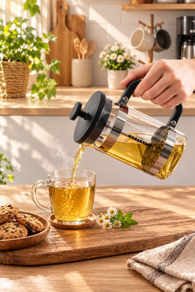 Porsima Smartpan BV008 French Press Paslanmaz Çelik Süzgeçli Cam Bitki Çayı Demliği Kahve Presi - 600 Ml