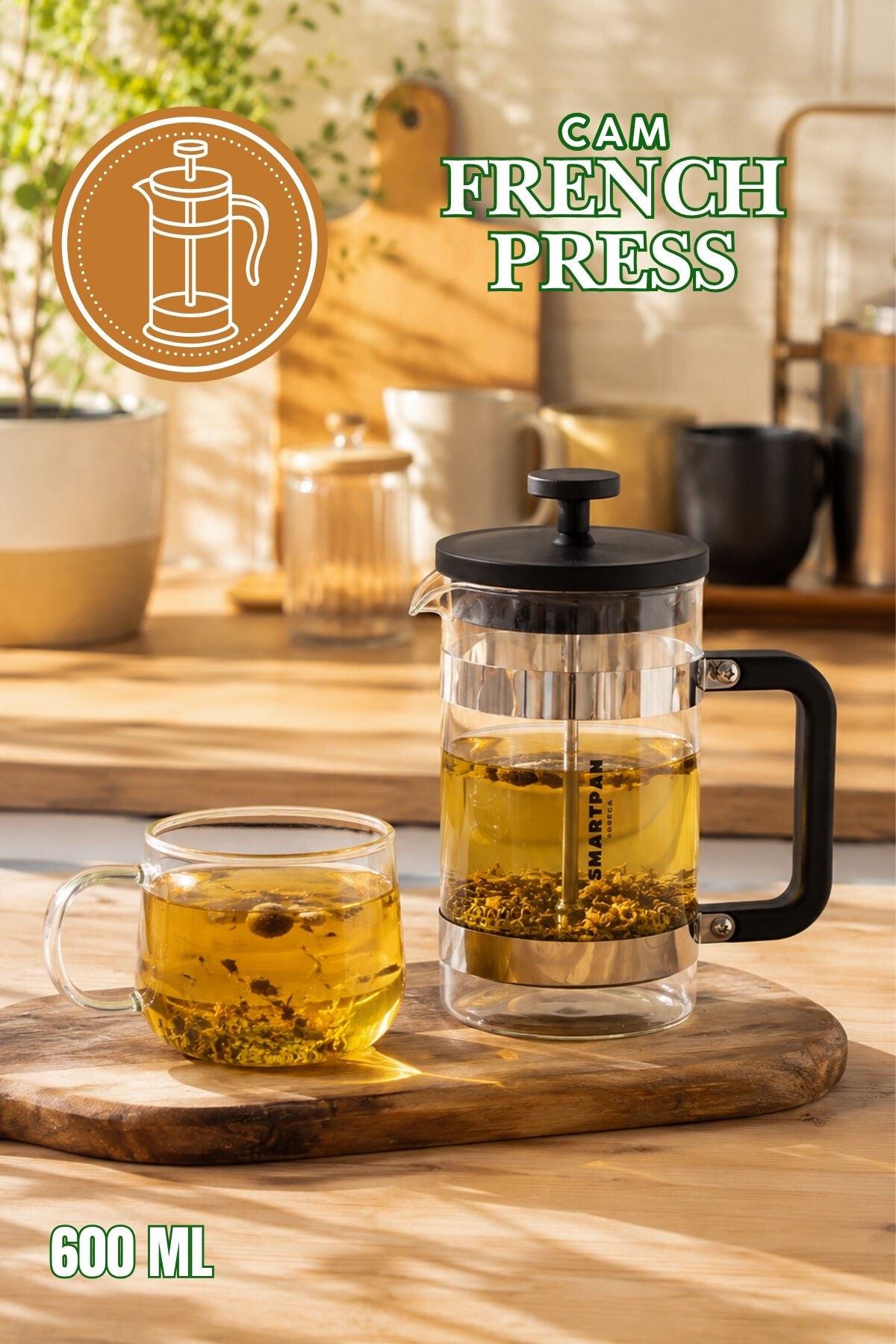 Porsima Smartpan BV008 French Press Paslanmaz Çelik Süzgeçli Cam Bitki Çayı Demliği Kahve Presi - 600 Ml
