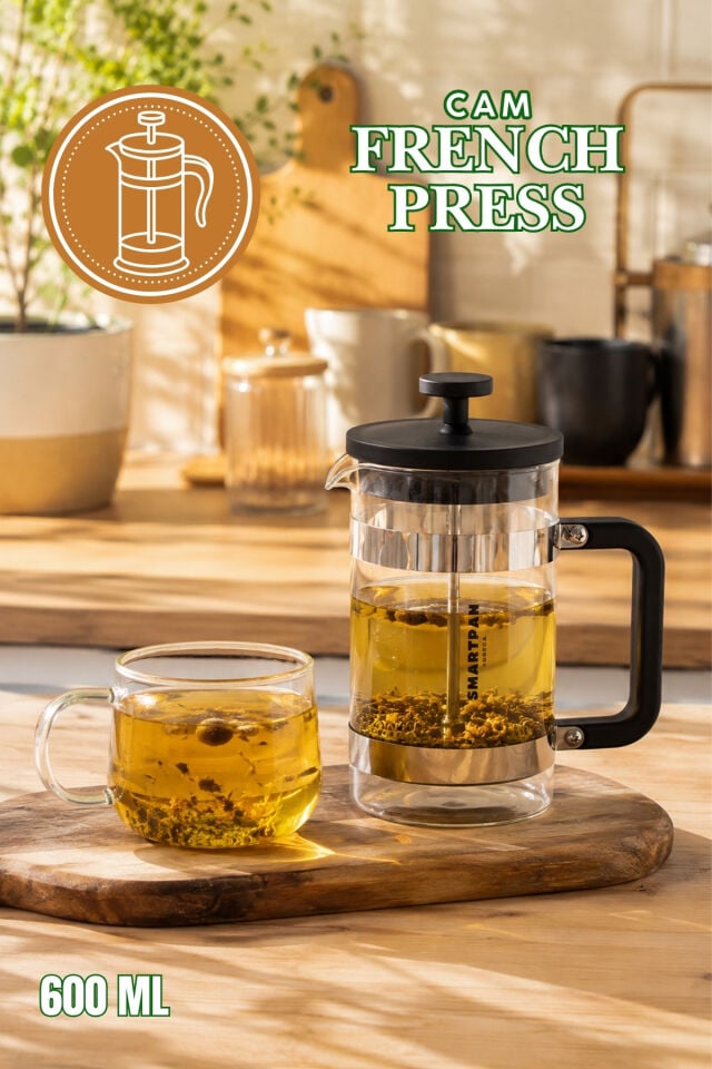 Porsima Smartpan BV008 French Press Paslanmaz Çelik Süzgeçli Cam Bitki Çayı Demliği Kahve Presi - 600 Ml