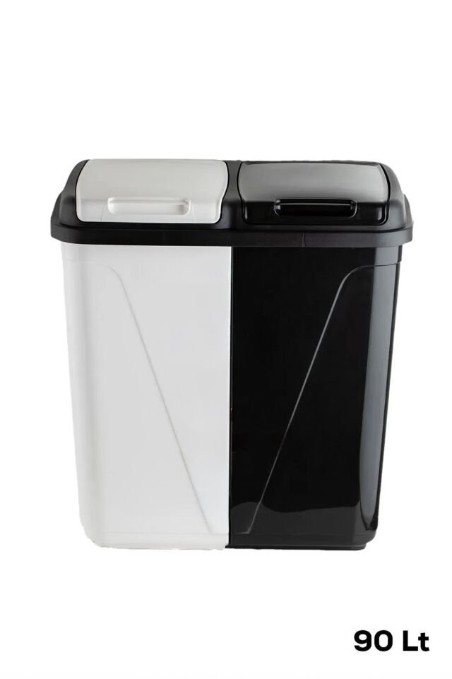 Porsima 90 Litre Çift Gözlü Çamaşır Sepeti İki Bölmeli Kirli Çamaşır Sepeti Siyah-Beyaz