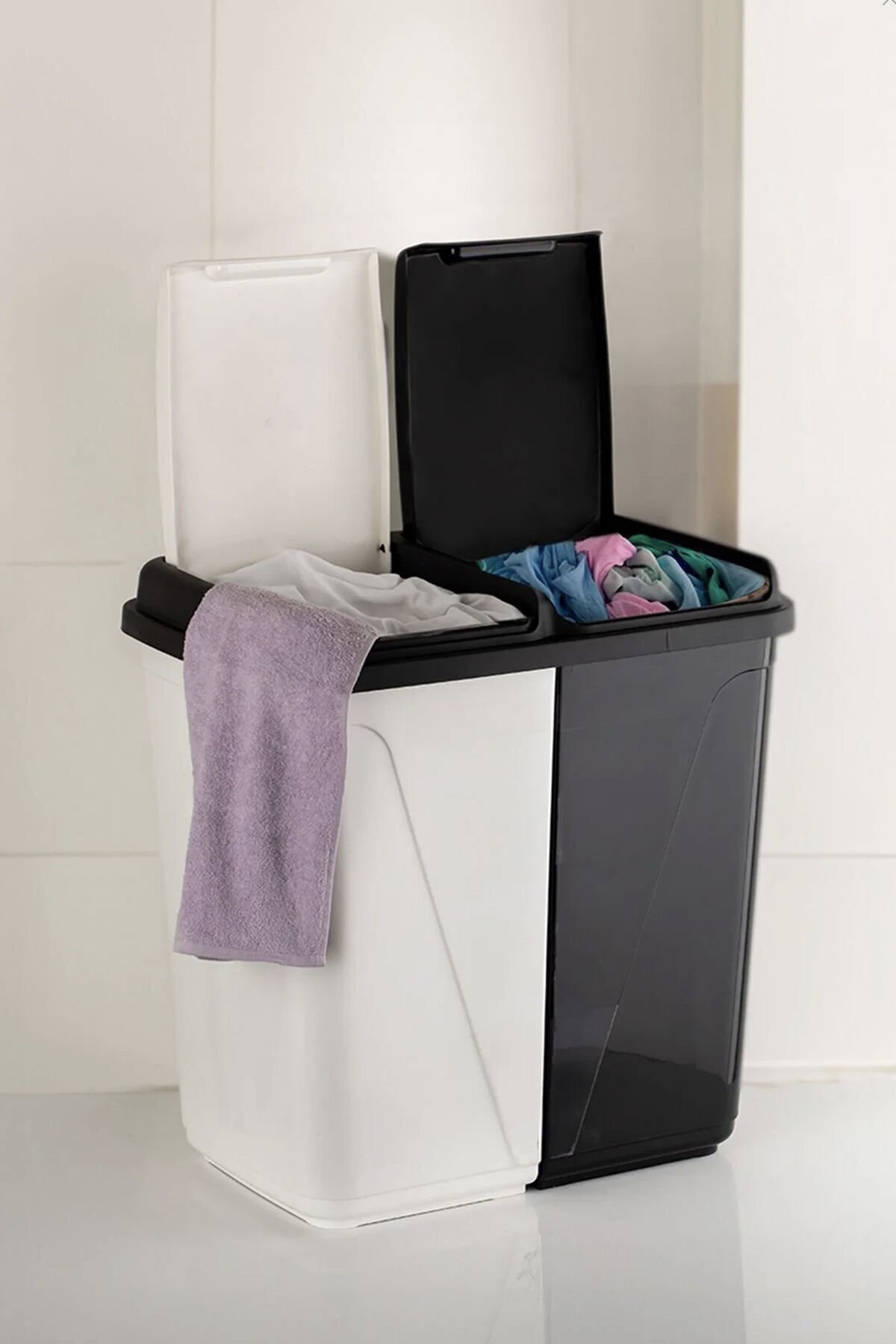 Porsima 90 Litre Çift Gözlü Çamaşır Sepeti İki Bölmeli Kirli Çamaşır Sepeti Siyah-Beyaz