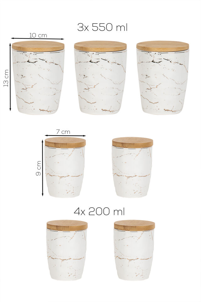 Porsima PXM2673-7/S Marble 7 Parça Bambu Vakum Kapaklı Porselen Baharat Takımı Baharatlık Seti