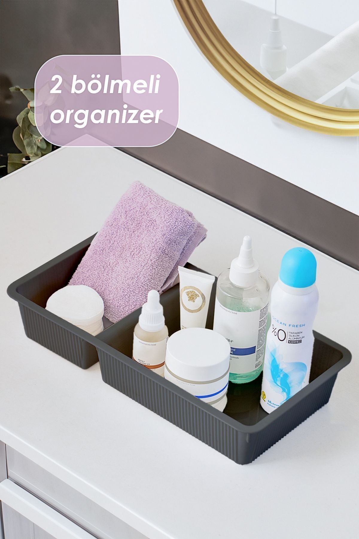 Porsima WH-72 Antrasit 2 Bölmeli Düzenleyici Çekmece Dolap İçin Çok Amaçlı Plastik Organizer Antrasit