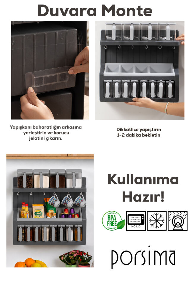 Porsima 5331 Kendinden Yapışkanlı Standlı Etiketli 12li Saklama Kabı Baharatlık Kahve Köşesi Seti Kahvelik Takımı - Antrasit