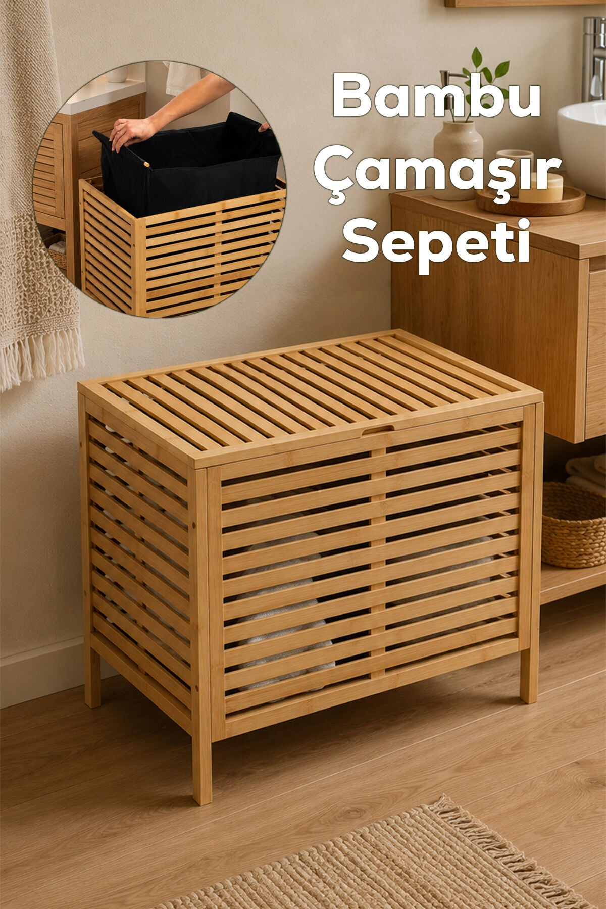 Porsima Pbt-510 Kapaklı Keten Torbalı Bambu Kirli Çamaşır Sepeti - Bambu Kirli Çamaşır Sepeti Organizeri 37,5x53,5x60 cm