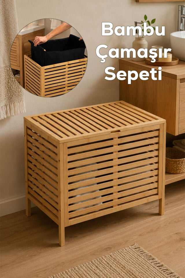 Porsima Pbt-510 Kapaklı Keten Torbalı Bambu Kirli Çamaşır Sepeti - Bambu Kirli Çamaşır Sepeti Organizeri 37,5x53,5x60 cm
