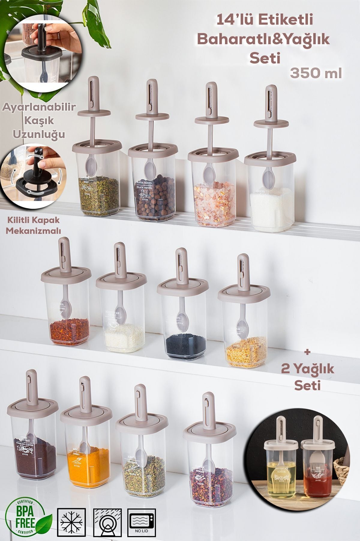 Porsima 1105 Kaşıklı 14'lü Baharatlık Seti Yağdanlıklı Cappuccino