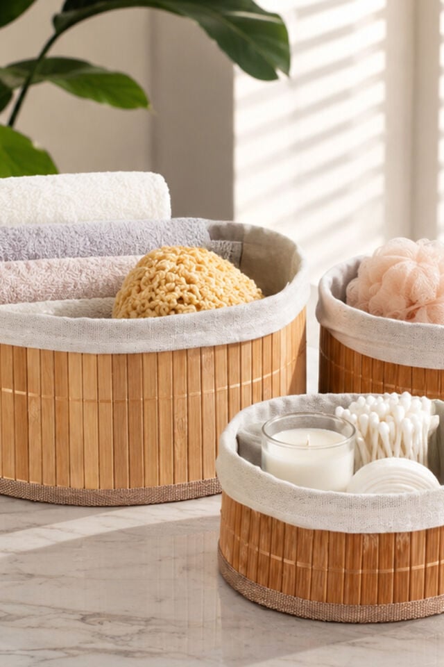 Porsima Pbt-598 3lü Hasır Sepet Kapaklı Yuvarlak Bambu Sepet seti Dekoratif Banyo Mutfak Düzenleyici Organizeri