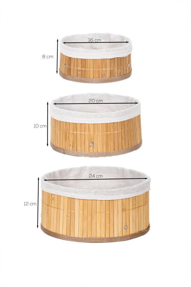 Porsima Pbt-598 3lü Hasır Sepet Kapaklı Yuvarlak Bambu Sepet seti Dekoratif Banyo Mutfak Düzenleyici Organizeri