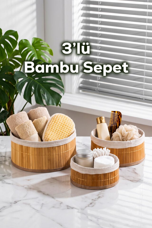 Porsima Pbt-598 3lü Hasır Sepet Kapaklı Yuvarlak Bambu Sepet seti Dekoratif Banyo Mutfak Düzenleyici Organizeri