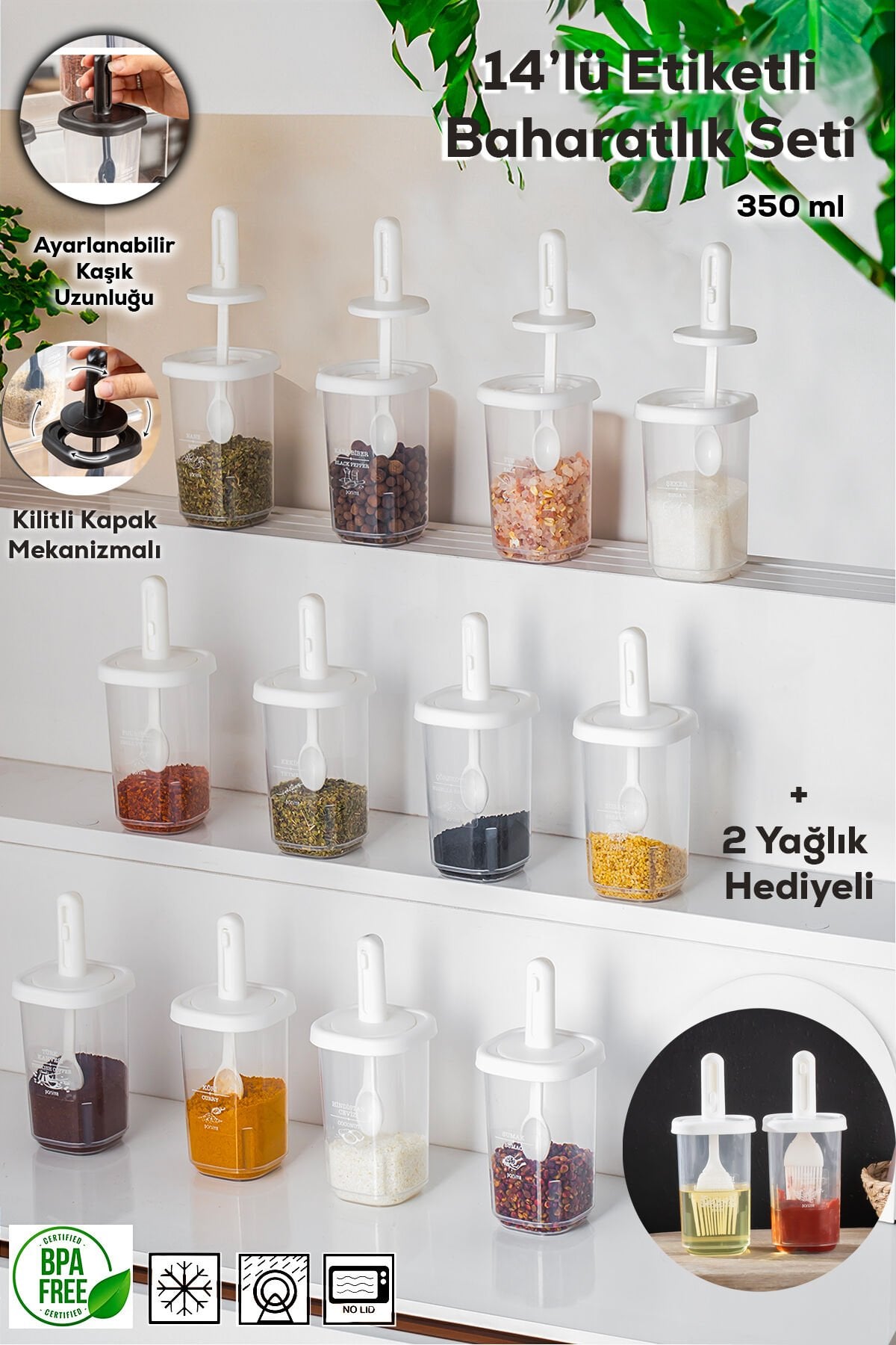 Porsima 1103 14lü Kaydırmalı Kaşıklı Kapaklı Baharatlık Seti Beya Beyaz