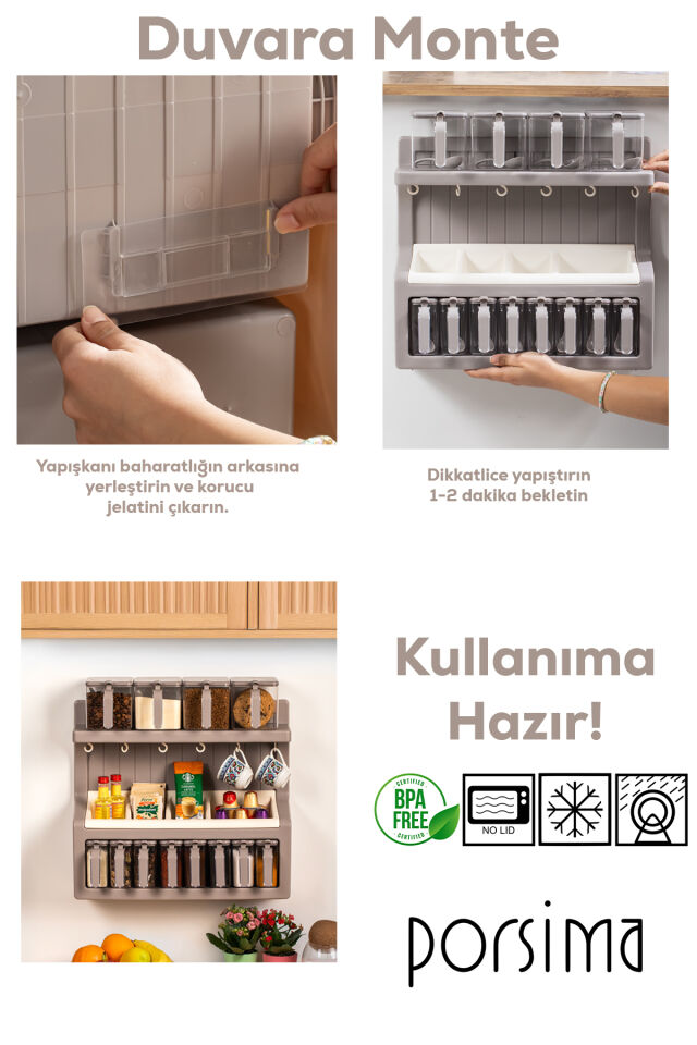 Porsima 5329 Kendinden Yapışkanlı Standlı Etiketli 12li Saklama Kabı Baharatlık Kahve Köşesi Seti Kahvelik Takımı - Kapicino