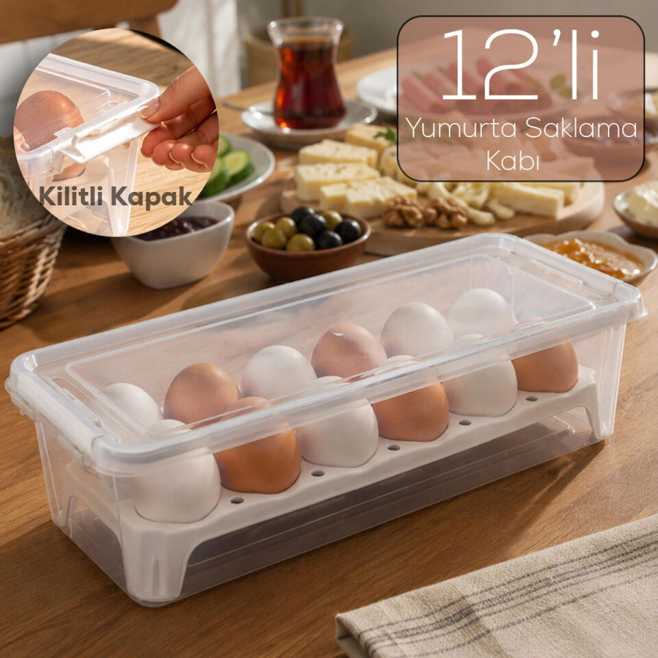 Porsima 1054 Peggy 12 Bölmeli Kapaklı Yumurta Kutusu Yumurtalık Buzdolabı Organizeri Saklama Kabı