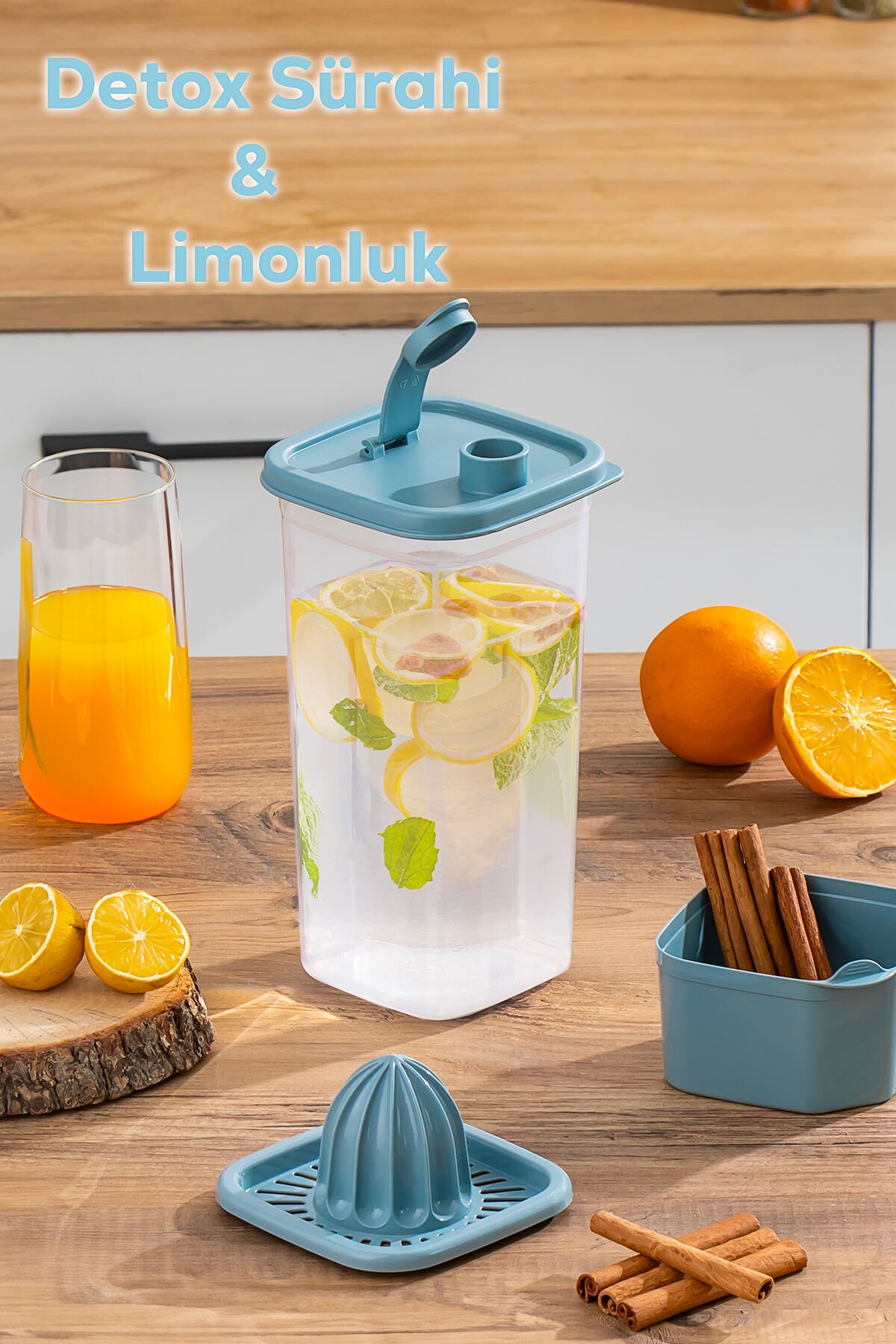 Porsima 1110 Detoks Sürahi & Limonluklu Matara Şeffaf-mavi 2 Lt