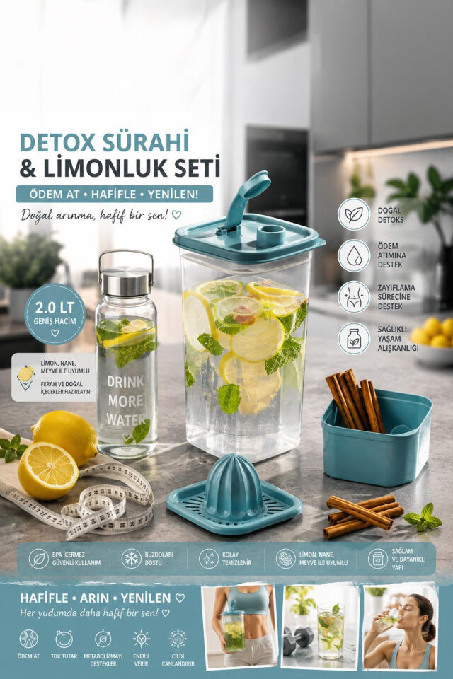 Porsima 1110 Detoks Sürahi & Limonluklu Matara Şeffaf-mavi 2 Lt