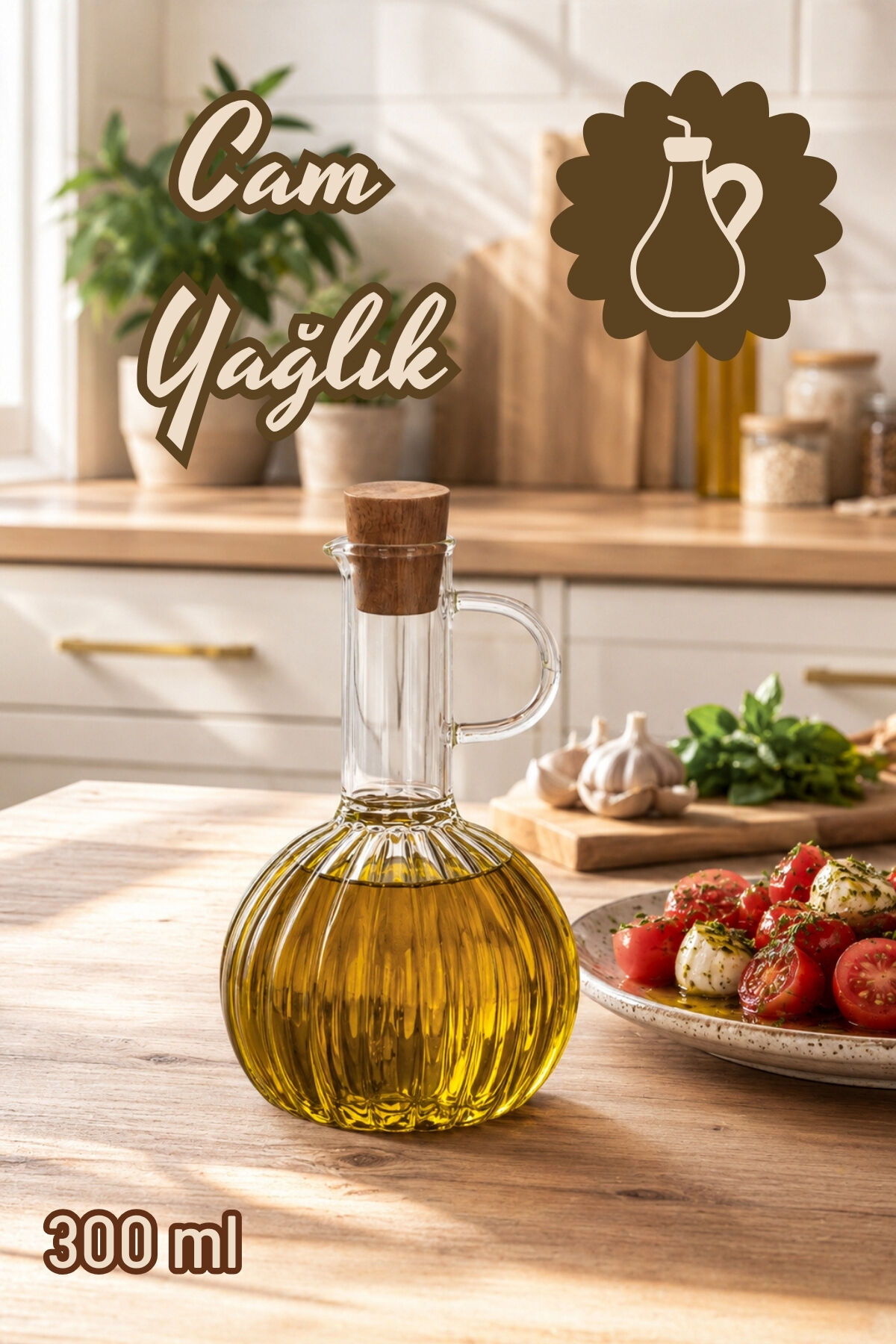 Porsima LM-0010 Breze Mantar Kapaklı Borosilikat Cam Yağlık Sirkelik Yağdanlık 300ml