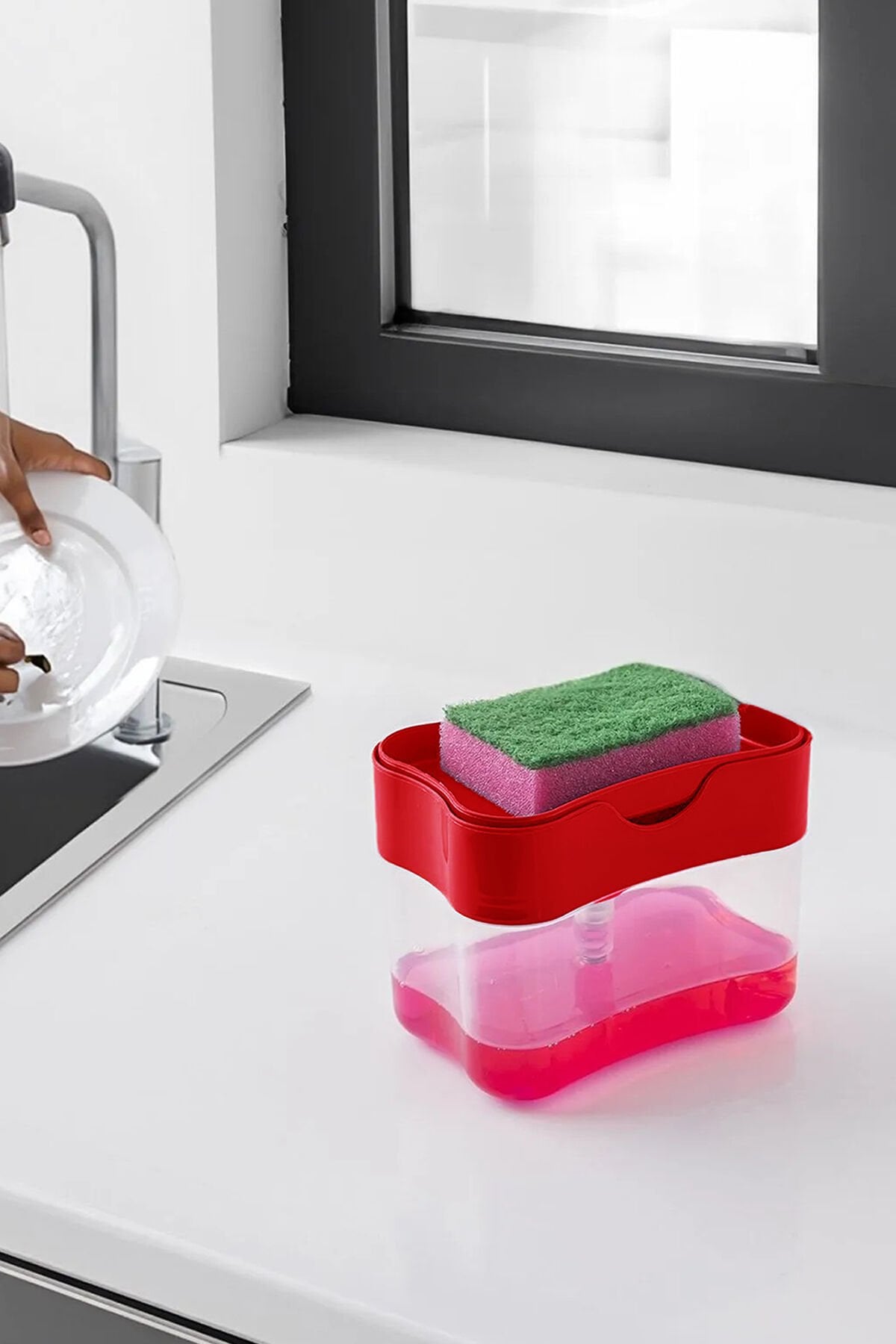 Porsima ORG-98 Deterjan Hazneli Pompalı Süngermatik Sıvı Sabunluk Kırmızı