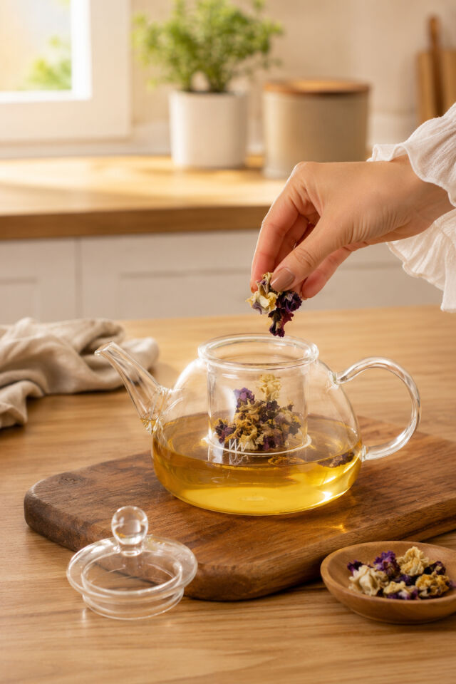 Porsima LM-0111 Flora Borosilikat Cam Süzgeçli Demlik Bitki Çayı Demliği 1000ml