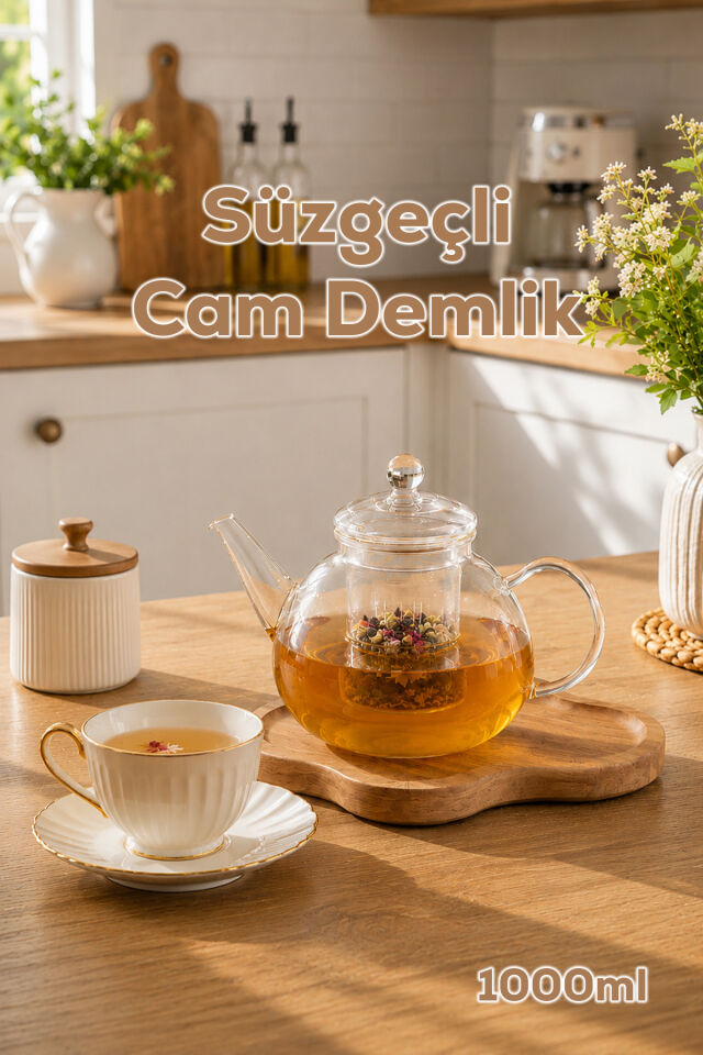 Porsima LM-0111 Flora Borosilikat Cam Süzgeçli Demlik Bitki Çayı Demliği 1000ml