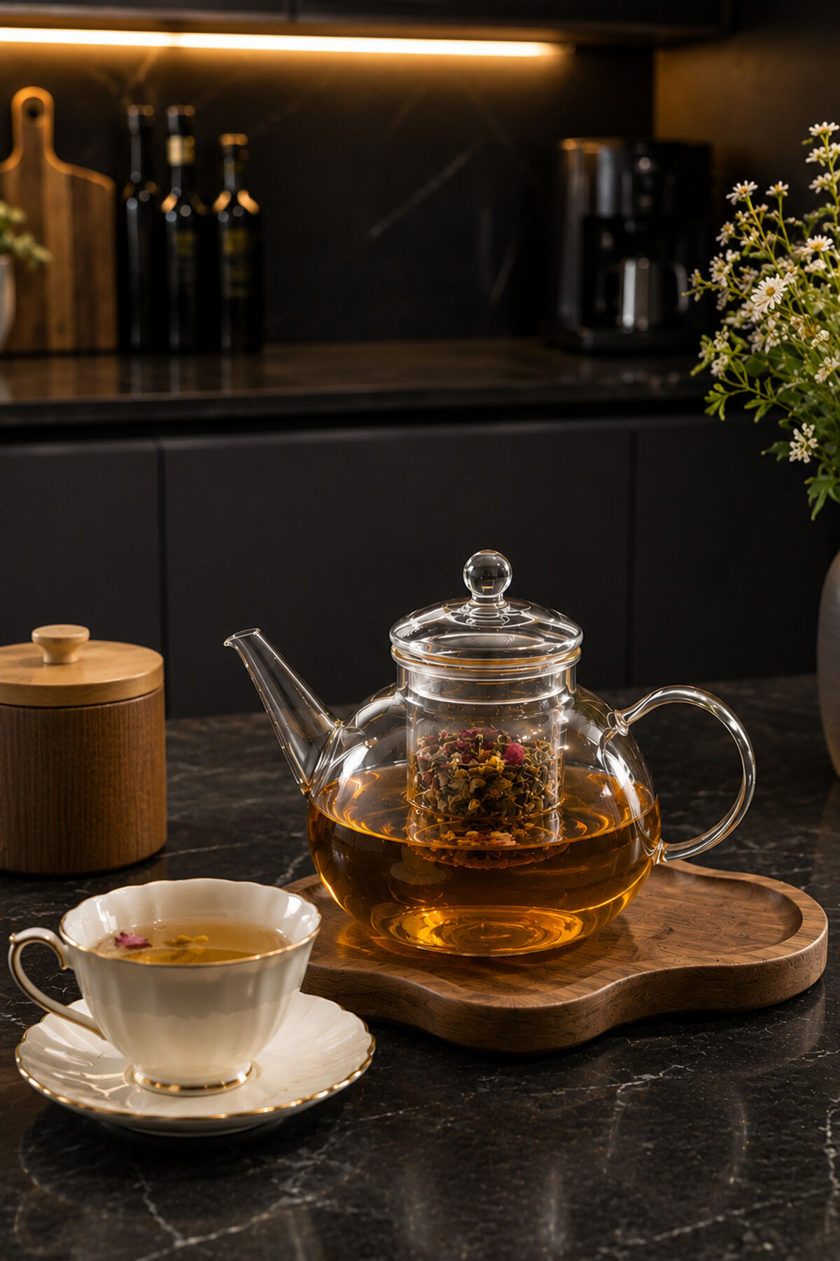 Porsima LM-0111 Flora Borosilikat Cam Süzgeçli Demlik Bitki Çayı Demliği 1000ml