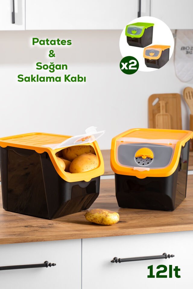 Porsima1506 Turuncu 2'li Çok Amaçlı Plastik Patates Soğan Sarımsak Oyuncak Erzak Saklama Kutusu 12L