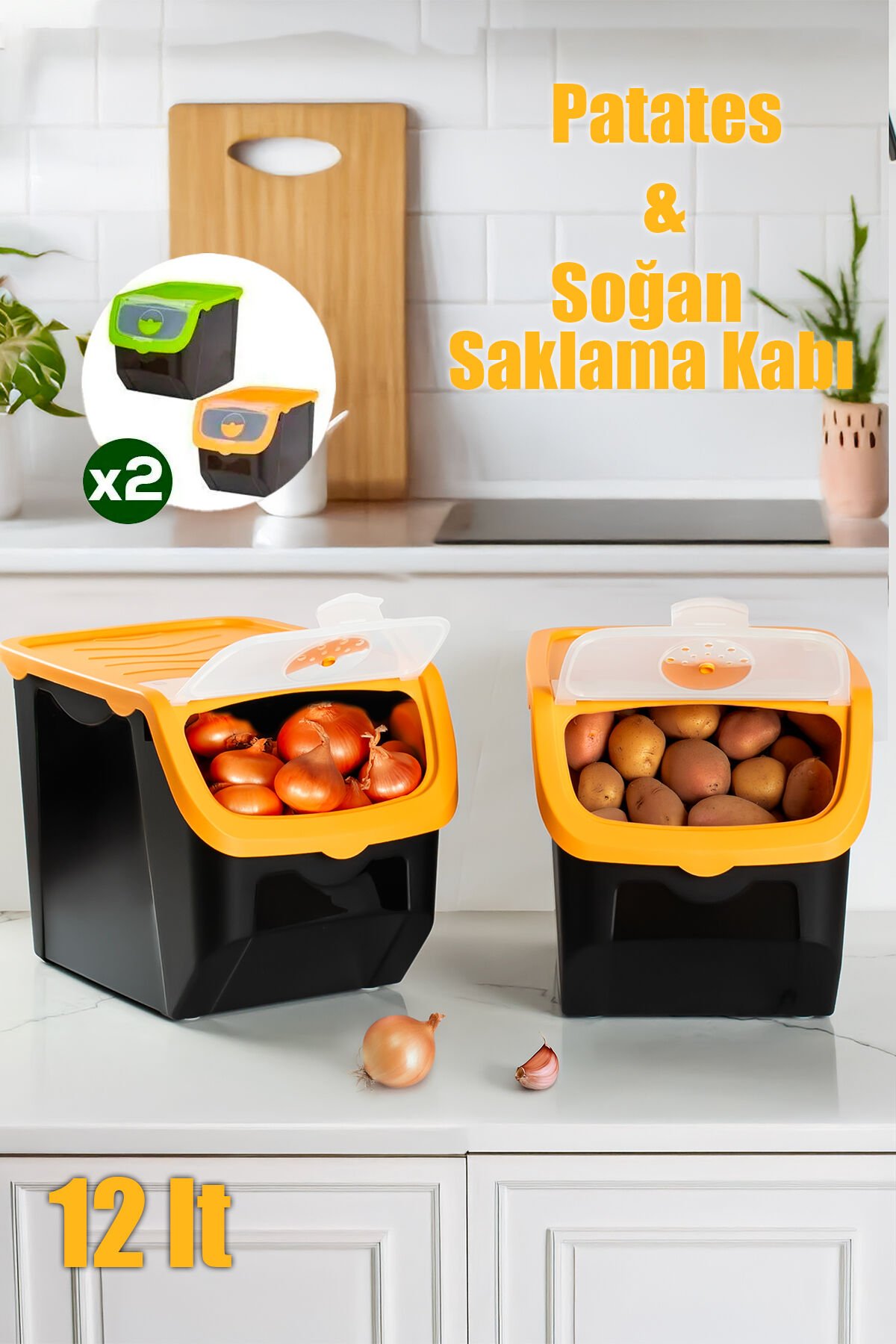 Porsima1506 Turuncu 2'li Çok Amaçlı Plastik Patates Soğan Sarımsak Oyuncak Erzak Saklama Kutusu 12L