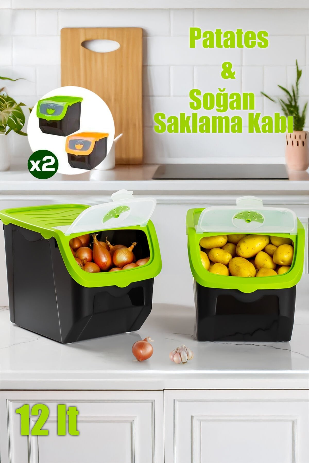 Porsima 1506 2'li Çok Amaçlı Plastik Patates Soğan Sebzelik Saklama Kutusu Kabı 12l