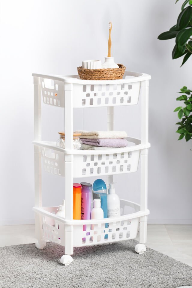 Porsima  78-1 3 Katlı Tekerlekli Organizer Raf  Çok Amaçlı Mutfak Banyo Düzenleyici Raf Ünitesi Beyaz