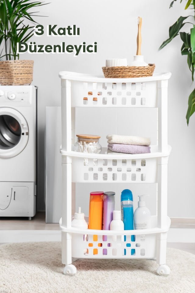 Porsima  78-1 3 Katlı Tekerlekli Organizer Raf  Çok Amaçlı Mutfak Banyo Düzenleyici Raf Ünitesi Beyaz